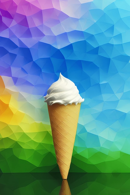 A colorful ice cream cone with a rainbow background.