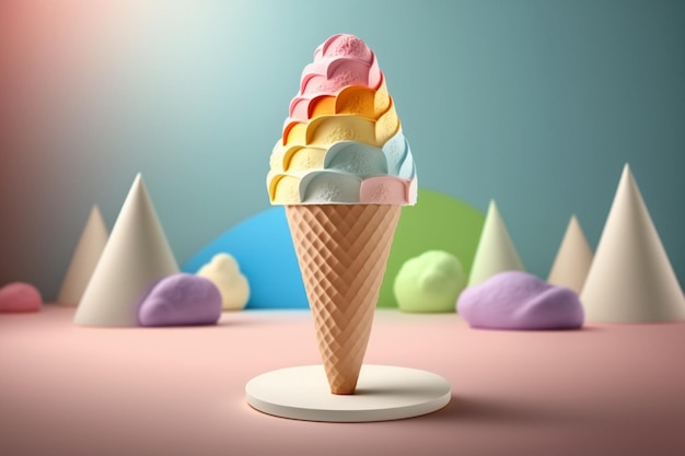 A colorful ice cream cone with a rainbow background.