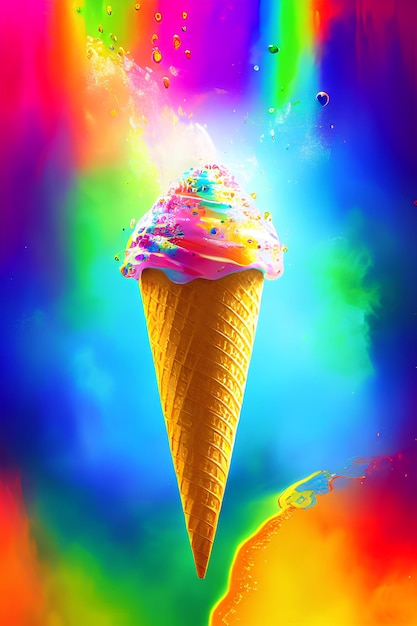 A colorful ice cream cone with a rainbow colored background.