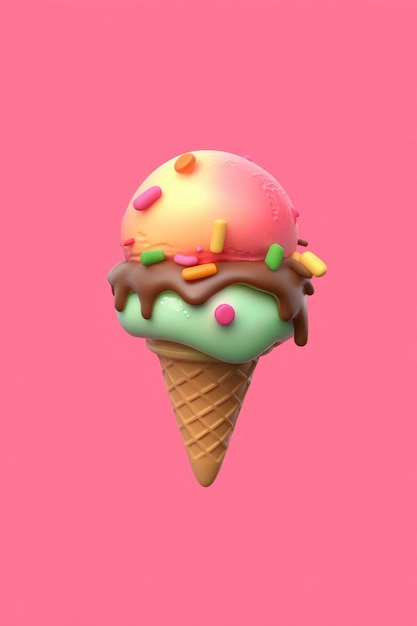 Colorful Ice Cream Cone with Sprinkles and Chocolate Drizzle on Pink Background