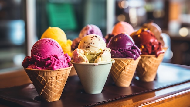 Colorful ice cream cones on a bar counter