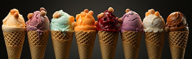 Colorful ice cream cones on dark background Generative ai