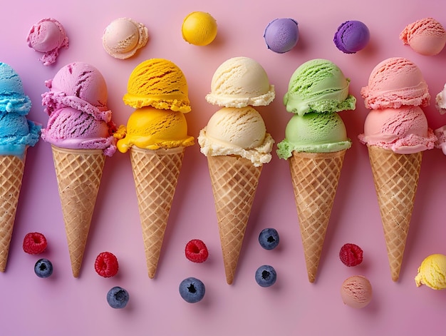 Colorful Ice Cream Cones on Pink Background