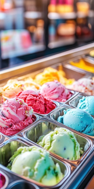 Photo colorful ice cream displayed in metal tins at a store counter