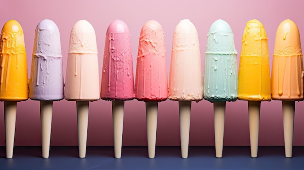 Photo colorful ice cream popsicle on pastel pink background minimal summer composition