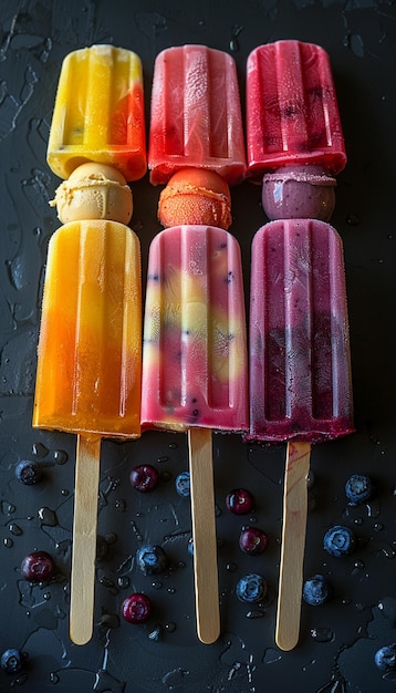 a colorful ice cream popsicle stick are displayed in a black background