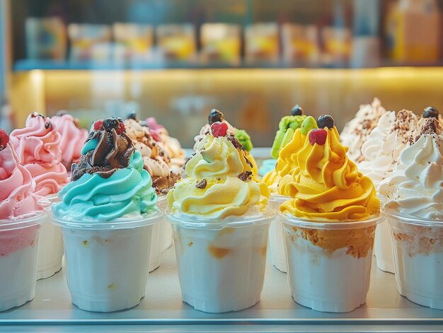 Colorful ice cream pots displayed in a shop window on a sunny day