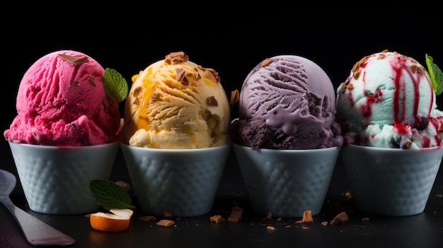 colorful ice cream scoops on dark marble background