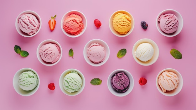 Photo colorful ice cream scoops on pink background