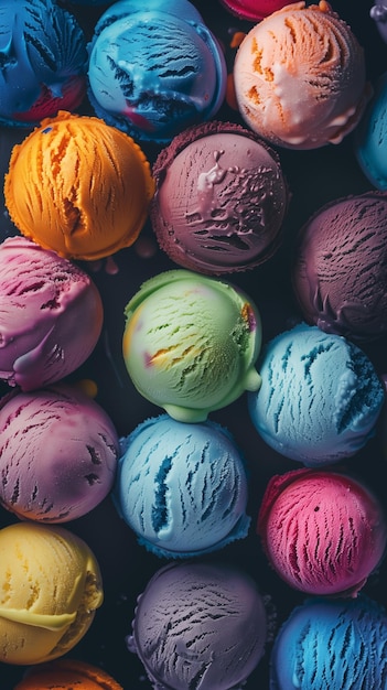 Colorful ice cream scoops in various flavors background