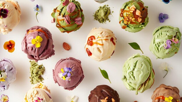 Photo colorful ice cream scoops with flowers