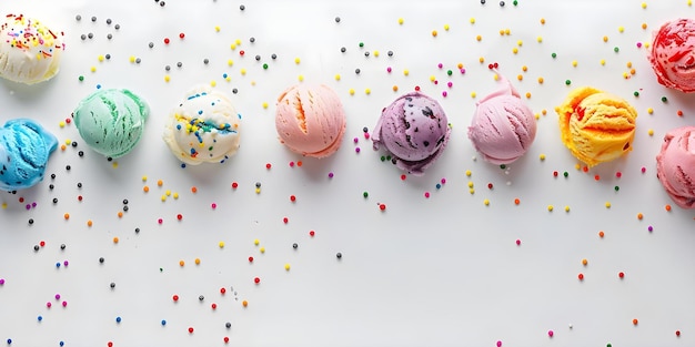 Photo colorful ice cream scoops with various toppings on a white background concept food photography colorful desserts ice cream treats summer refreshment sweet indulgences