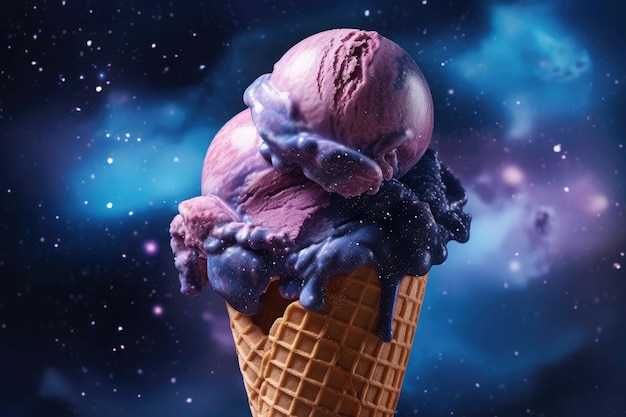 Colorful ice cream on space background Ice Cream violet and white scoop in waffle cone Generative AI