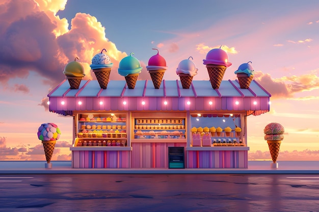 Colorful Ice Cream Stand at Sunset with Cone Decorations and Striped Canopy