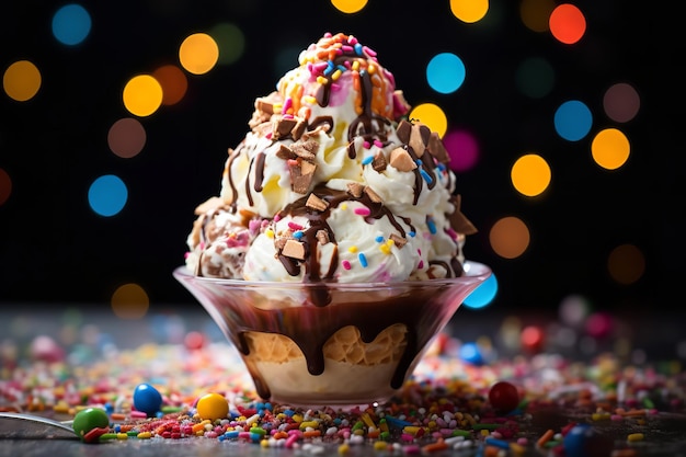 Colorful Ice Cream Sundae with Sprinkles and Chocolate