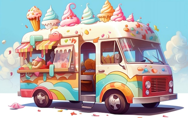 A colorful ice cream truck with lots of toppings AI