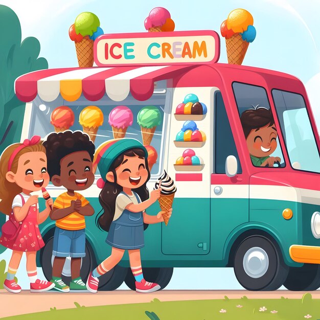 a colorful ice cream van with children in front of it