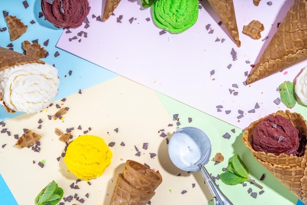 Colorful ice cream in waffle cones