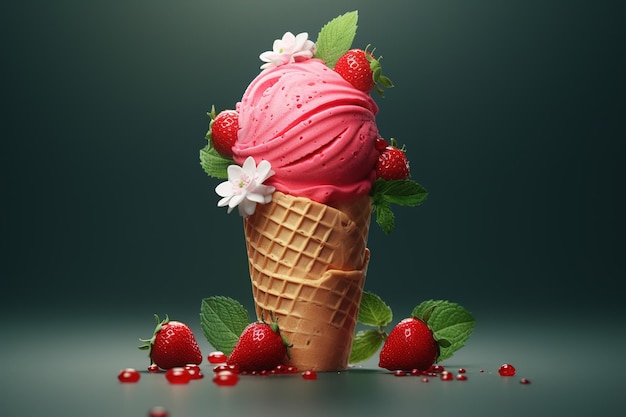 Colorful ice cream with cones and strawberry