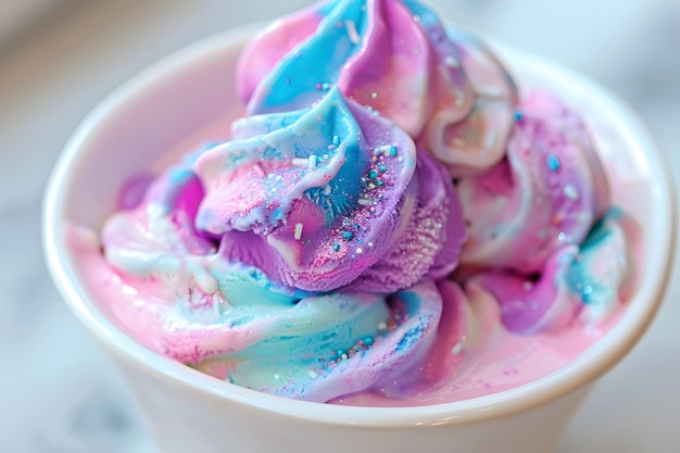 Colorful ice cream with a swirl of pink purple and blue bowls decorated withs sprinkles and glitter