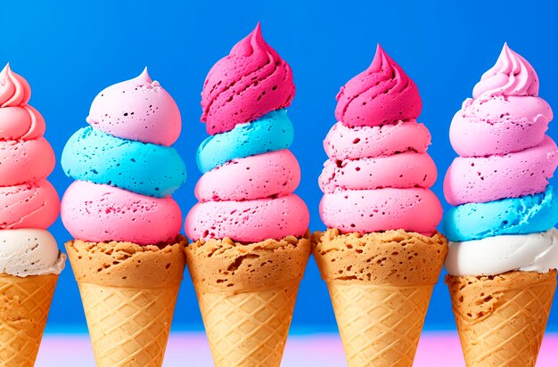 Colorful ice creams in waffle cones Generative AI