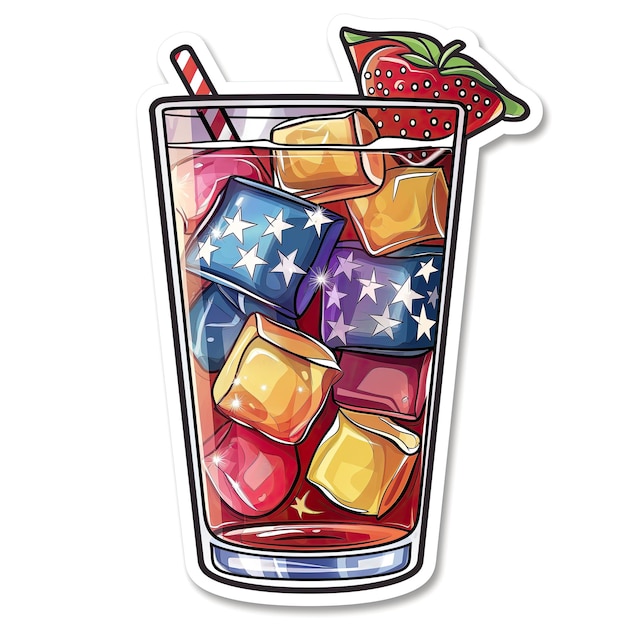 Photo colorful iced drink with american flag themed ice cubes and a strawberry garnish