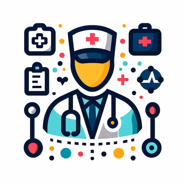 A colorful icon representing a doctor with various medicalrelated symbols around them