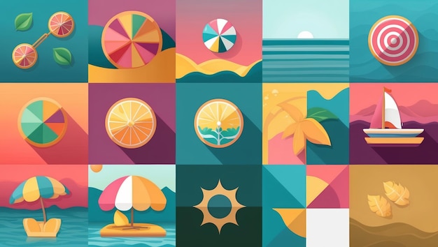 Colorful icons depicting nature and summer elements around a sunset