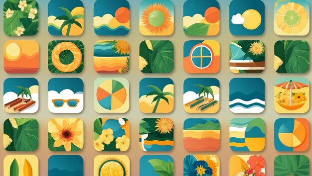 Colorful icons depicting nature and summer elements around a sunset