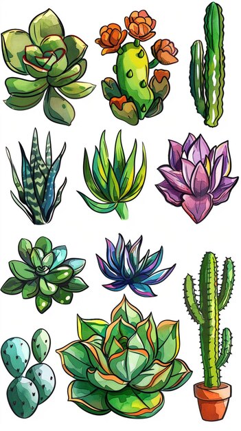 Photo colorful icons of succulents and cactus plants