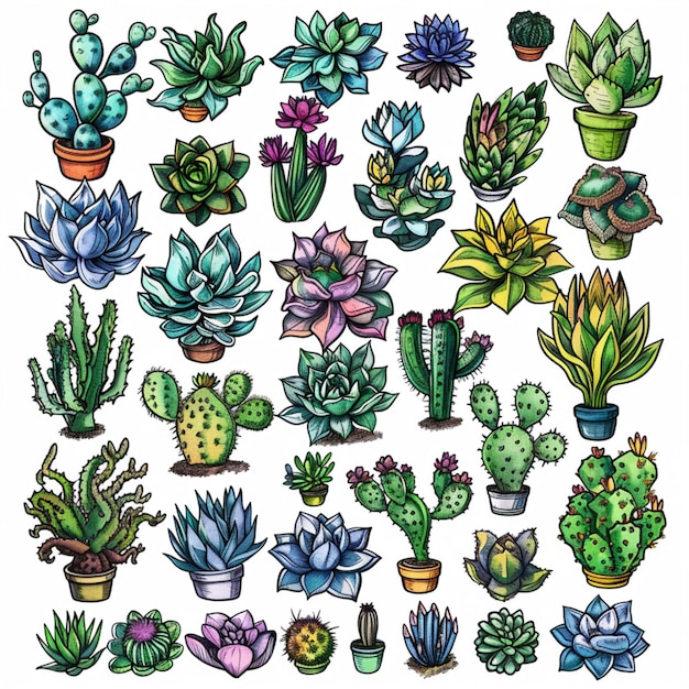 Colorful Icons of Succulents and Cactus Plants