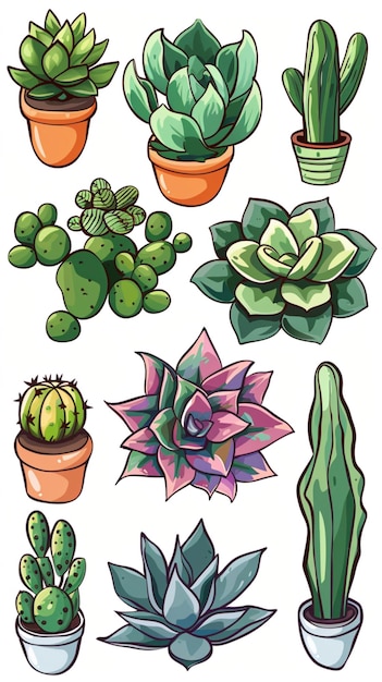 Photo colorful icons of succulents and cactus plants