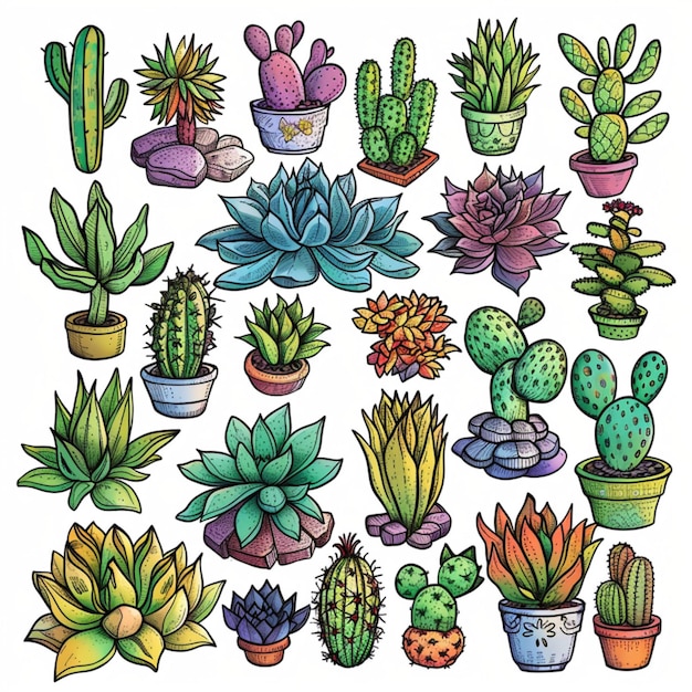 Colorful Icons of Succulents and Cactus Plants