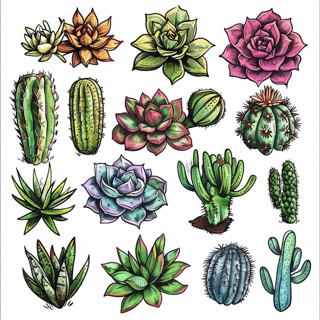 Colorful Icons of Succulents and Cactus Plants