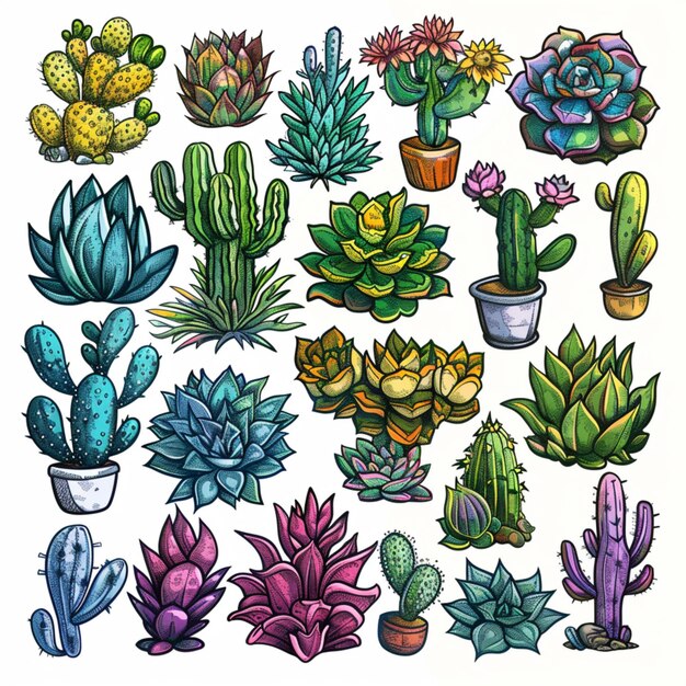 Colorful Icons of Succulents and Cactus Plants