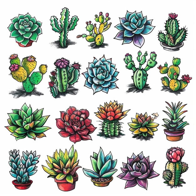 Colorful Icons of Succulents and Cactus Plants