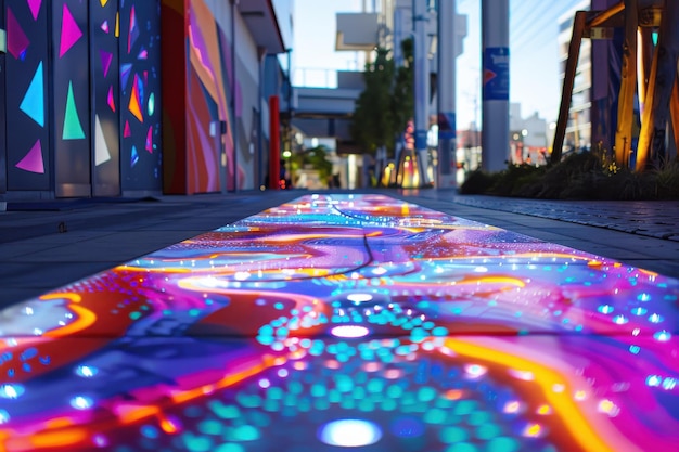 Photo colorful illuminated pathway in urban japanese city at night