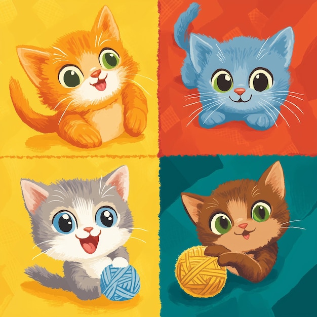 Colorful illustrated A cute cheerful cats cartoon in various character on vibrant background