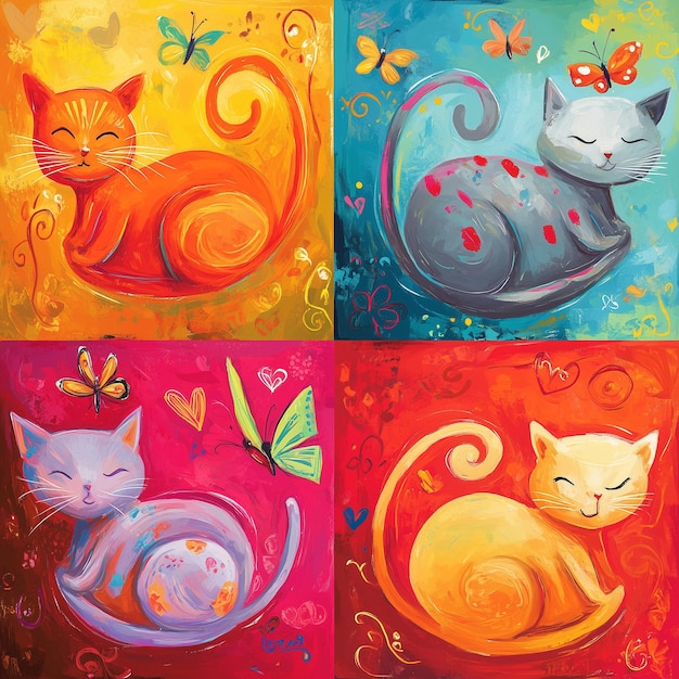 Colorful illustrated A cute cheerful cats cartoon in various character on vibrant background