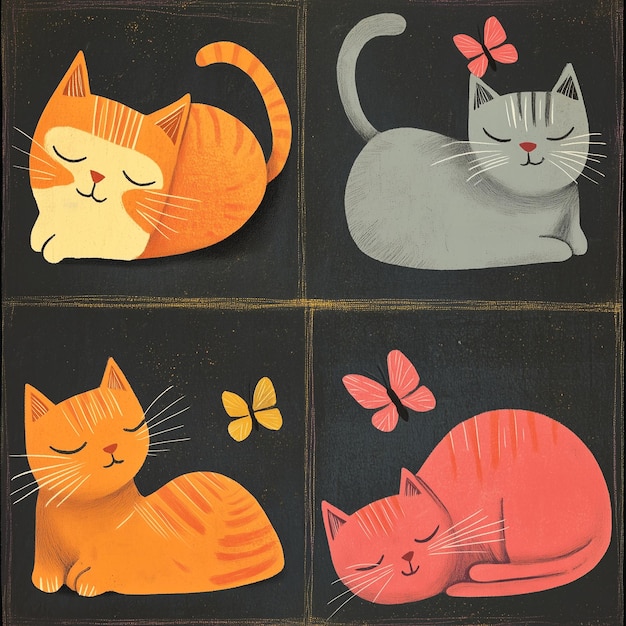 Colorful illustrated A cute cheerful cats cartoon in various character on vibrant background