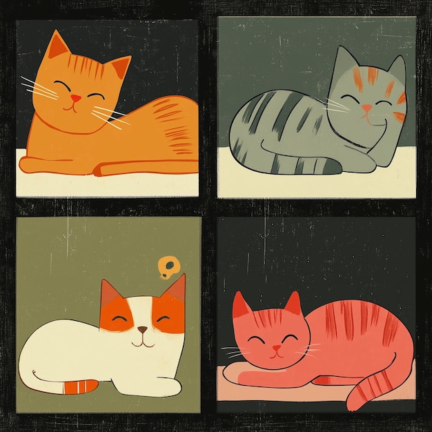 Colorful illustrated A cute cheerful cats cartoon in various character on vibrant background