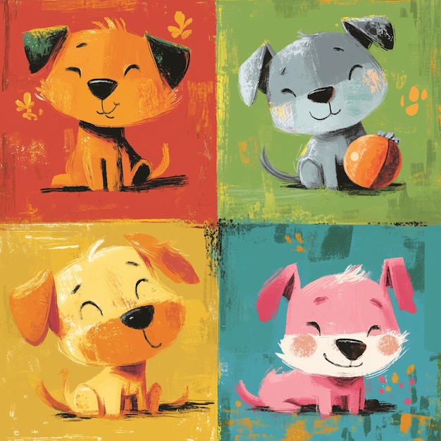 Colorful illustrated A cute cheerful dogs cartoon in various character on vibrant background