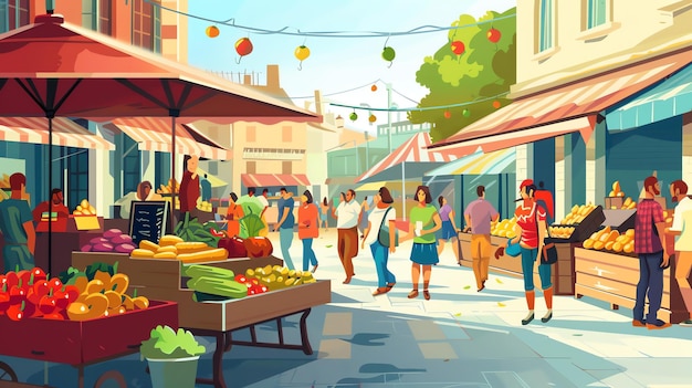 Photo a colorful illustrated outdoor market scene with people walking around and browsing