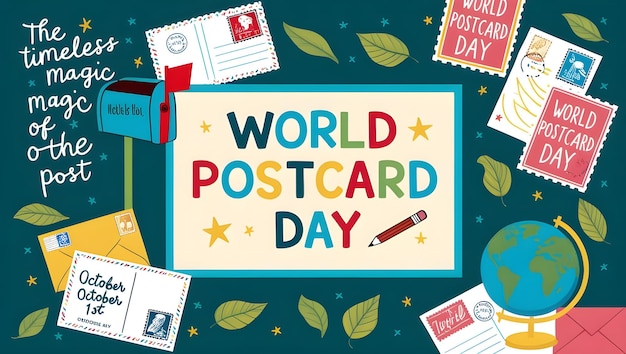 Colorful illustrated postcardstyle image celebrating World Postcard Day