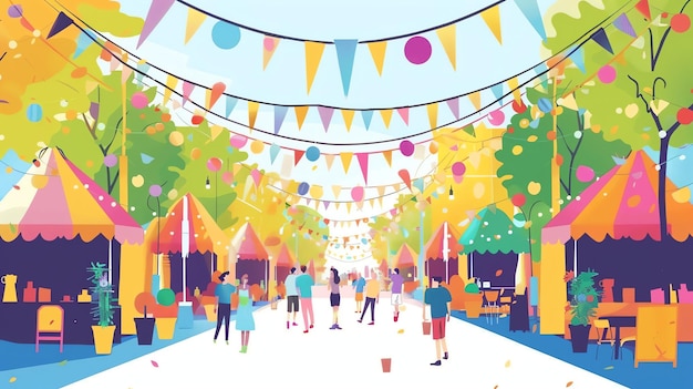 A colorful illustrated street festival scene