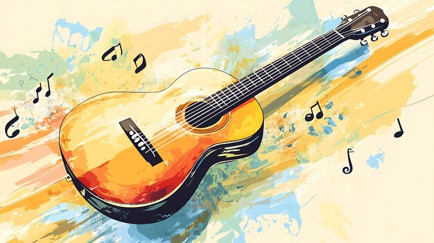 Photo a colorful illustration of an acoustic guitar with musical notes against a painted background