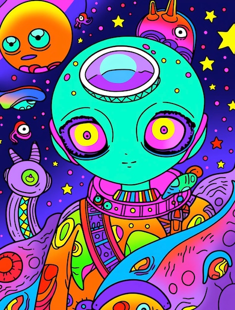 Photo a colorful illustration of a alien with a blue head and a blue alien head