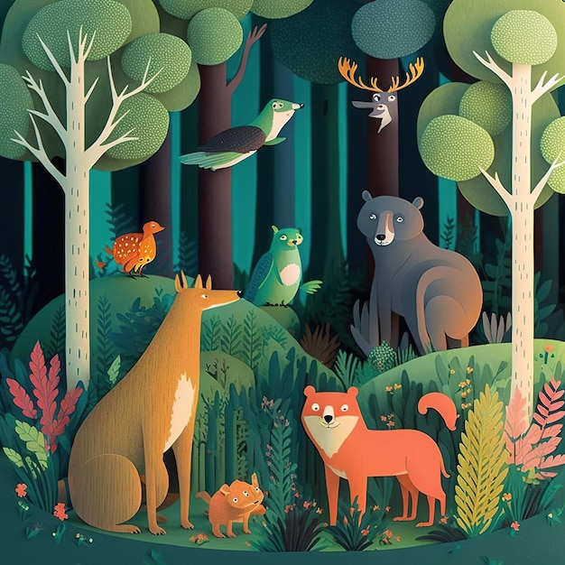 A colorful illustration of animals in a forest with a bear, a bear, a bear, a bear, a bear, a bear, a bear, a bear, a bear, a bear