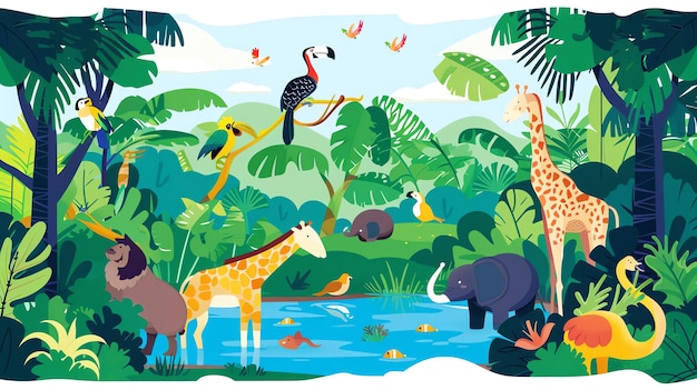 Photo a colorful illustration of animals in a lush jungle setting