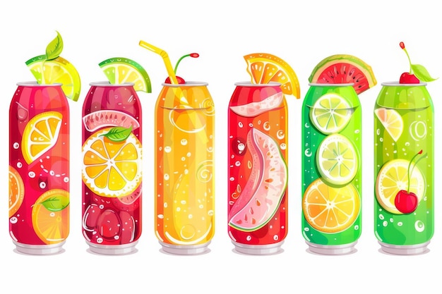 Photo colorful illustration of assorted fruitflavored canned drinks with vibrant designs and fresh fruit garnishes